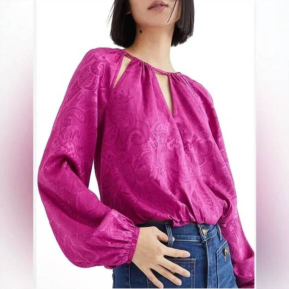 NEW VERONICA BEARD sionne paisley puff sleeve silk blend top in pink